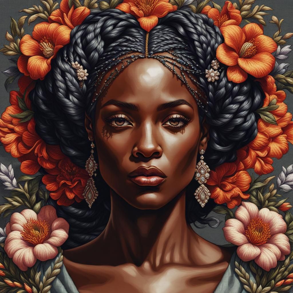 Embroidered Portrait with Floral Frame in Art Nouveau Style