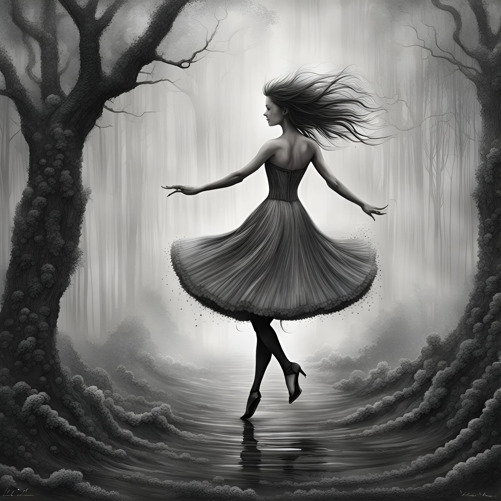 Whimsical Comic Book Art: Woman Dancing in Forest