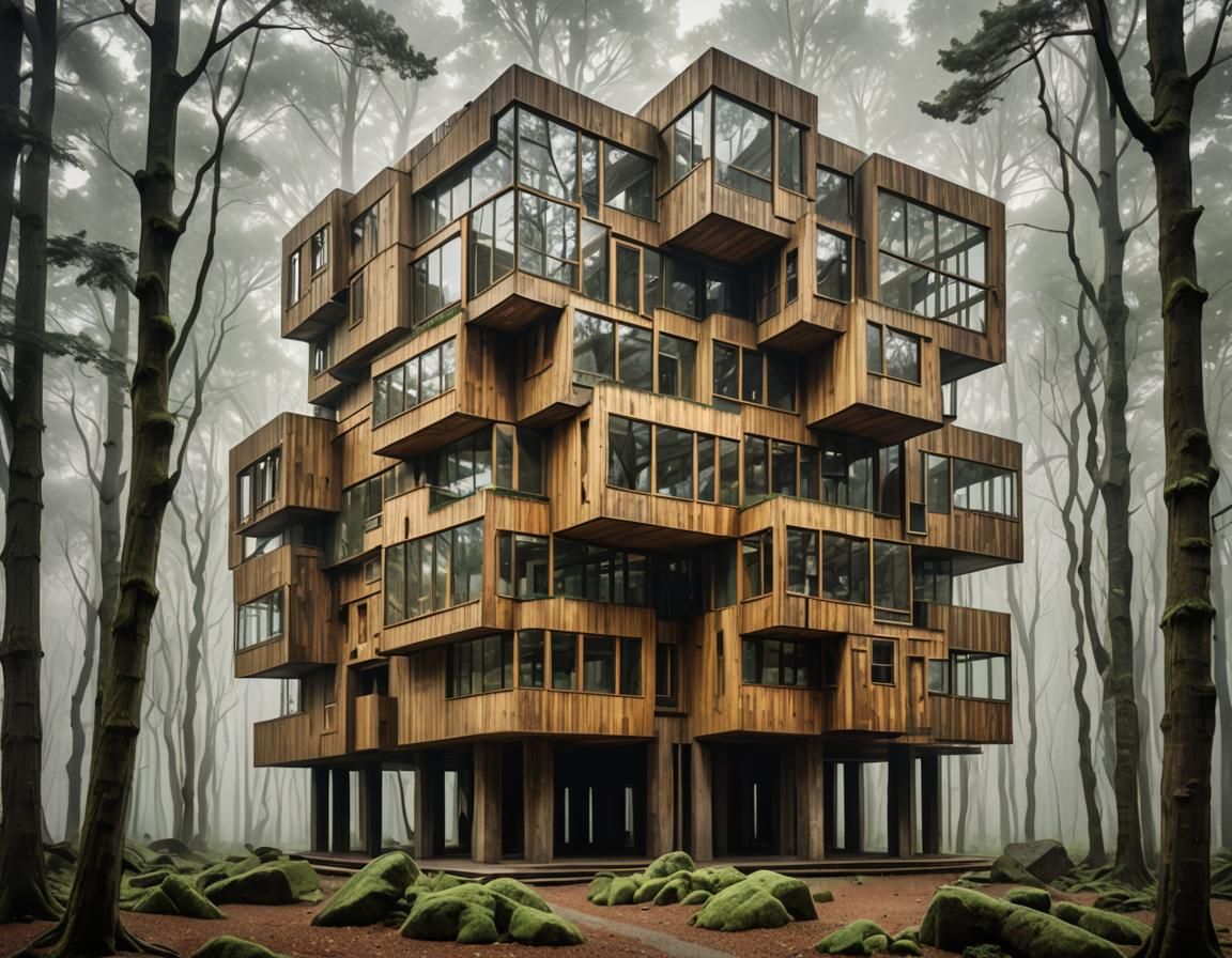 Cubist Wooden Structure in Misty Forest