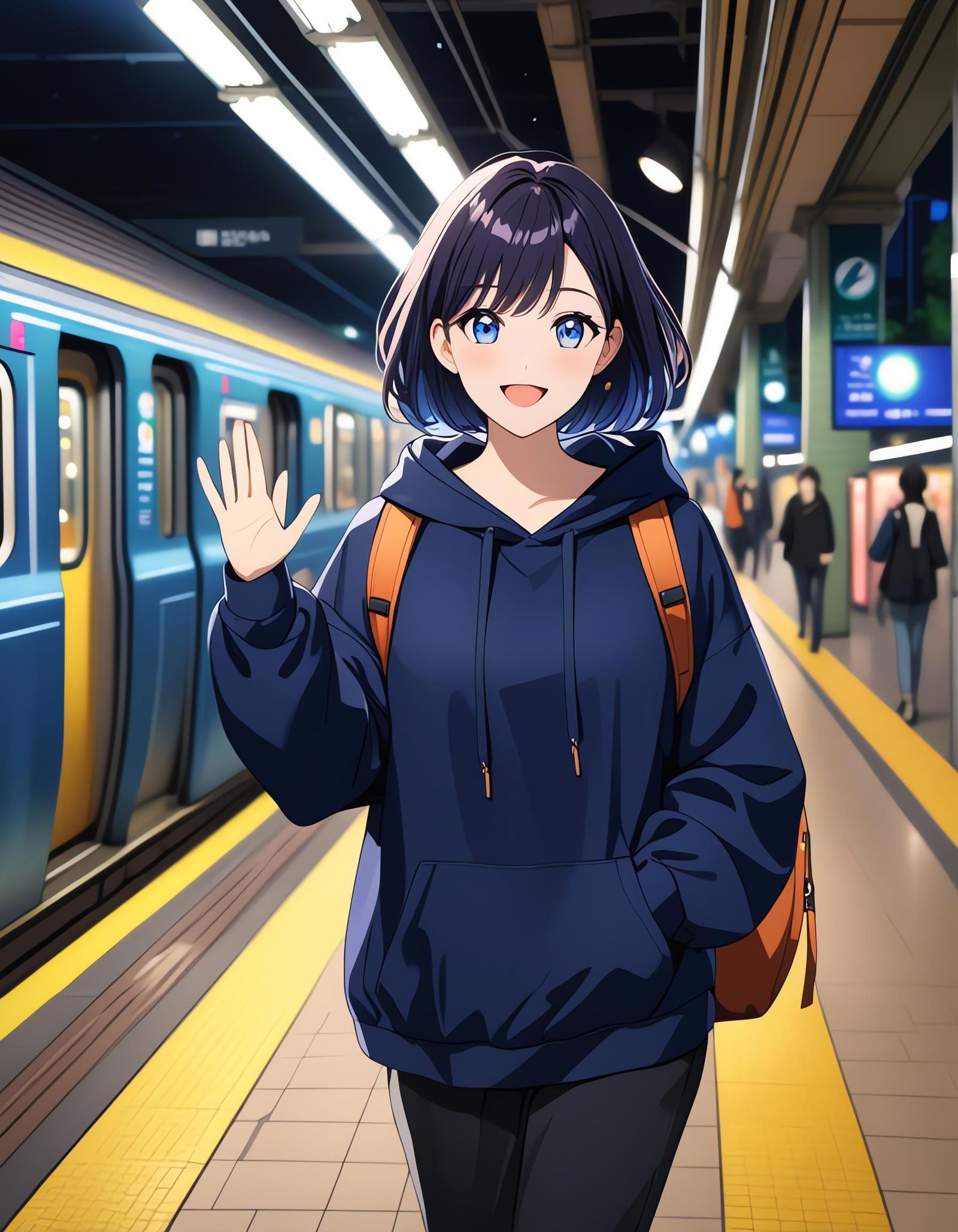 Happy Girl Waving in Subway Station at Night