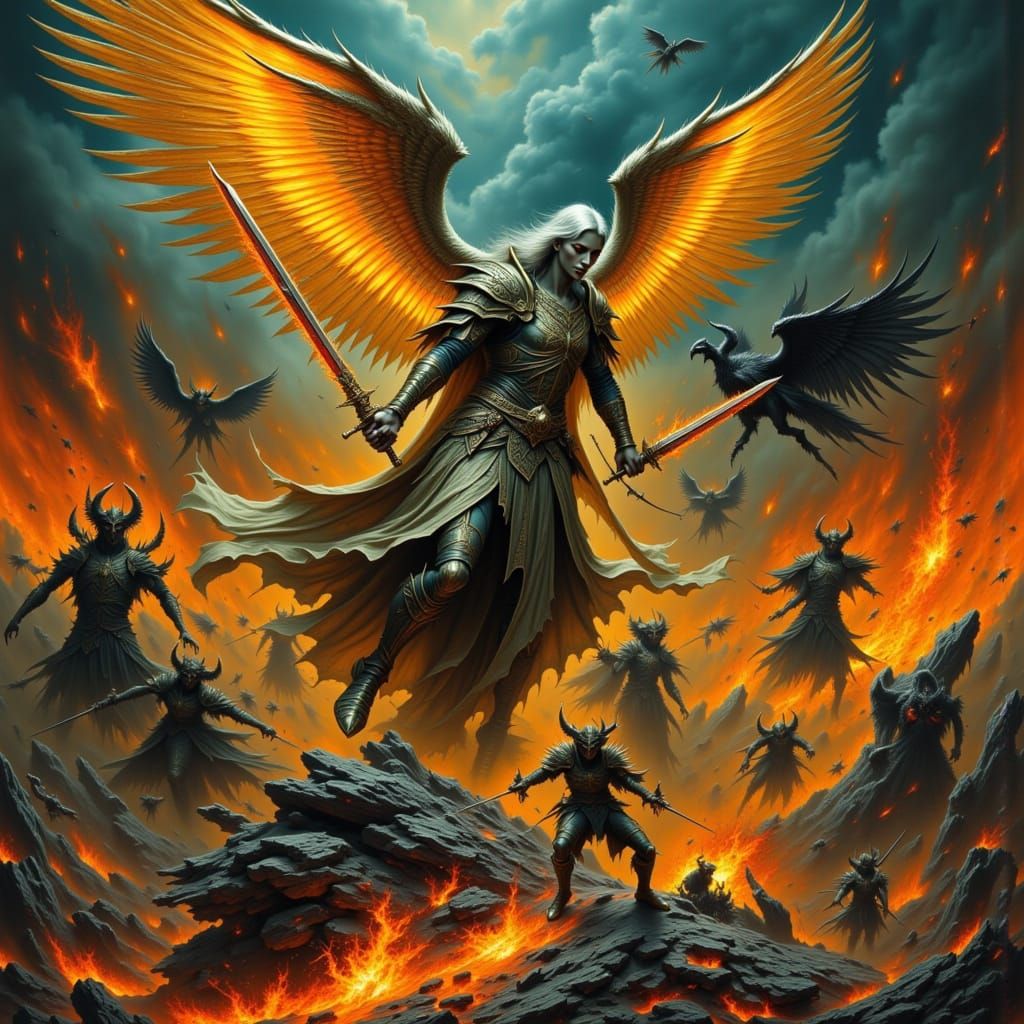 Angel Warrior Battles Demon in Fiery Apocalypse