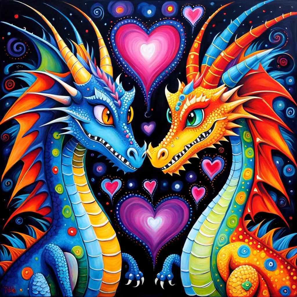 Dragon Couple in Love, Whimsical Art Brut Portrait