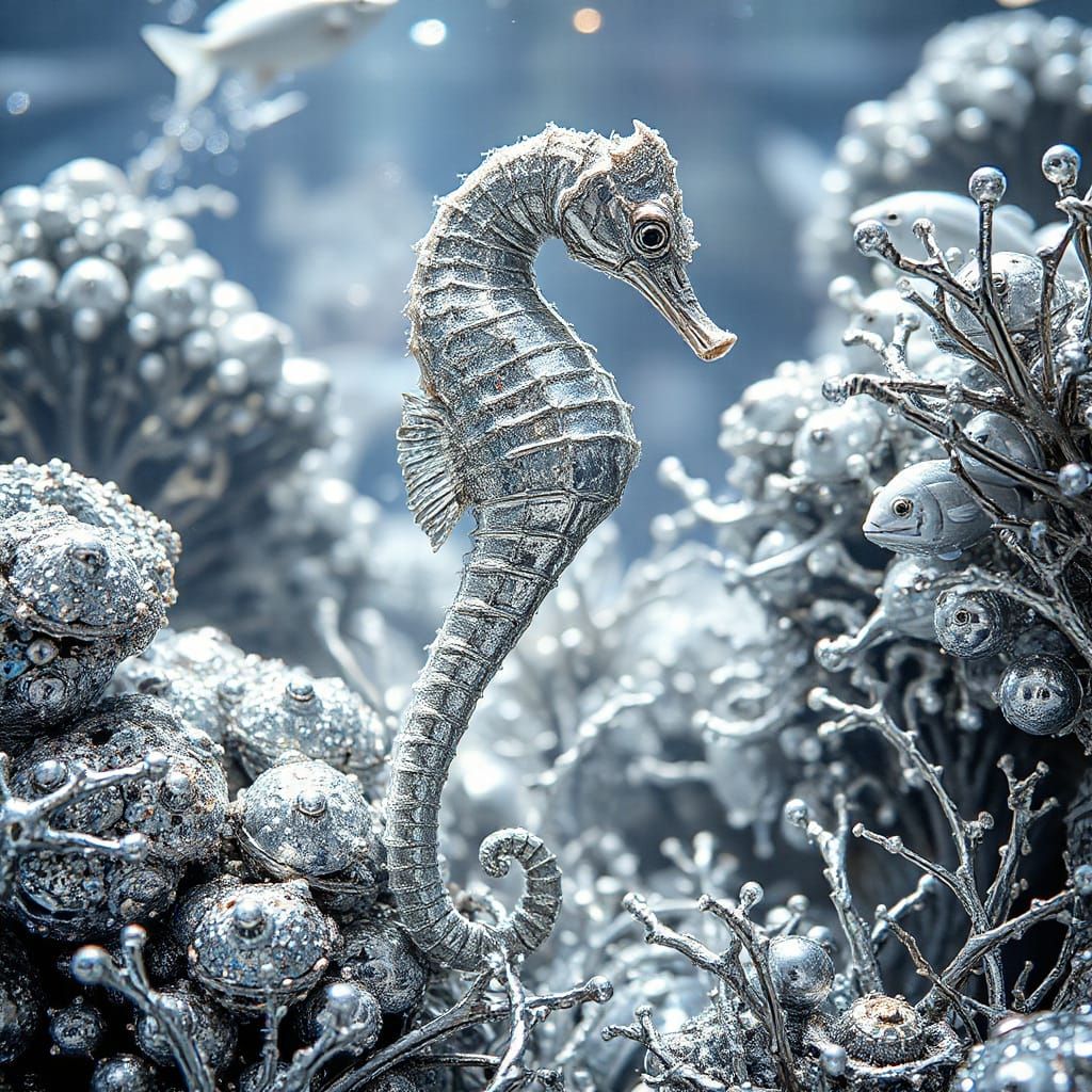 Gleaming Art Deco Seahorse in Chrome-Plated Reef