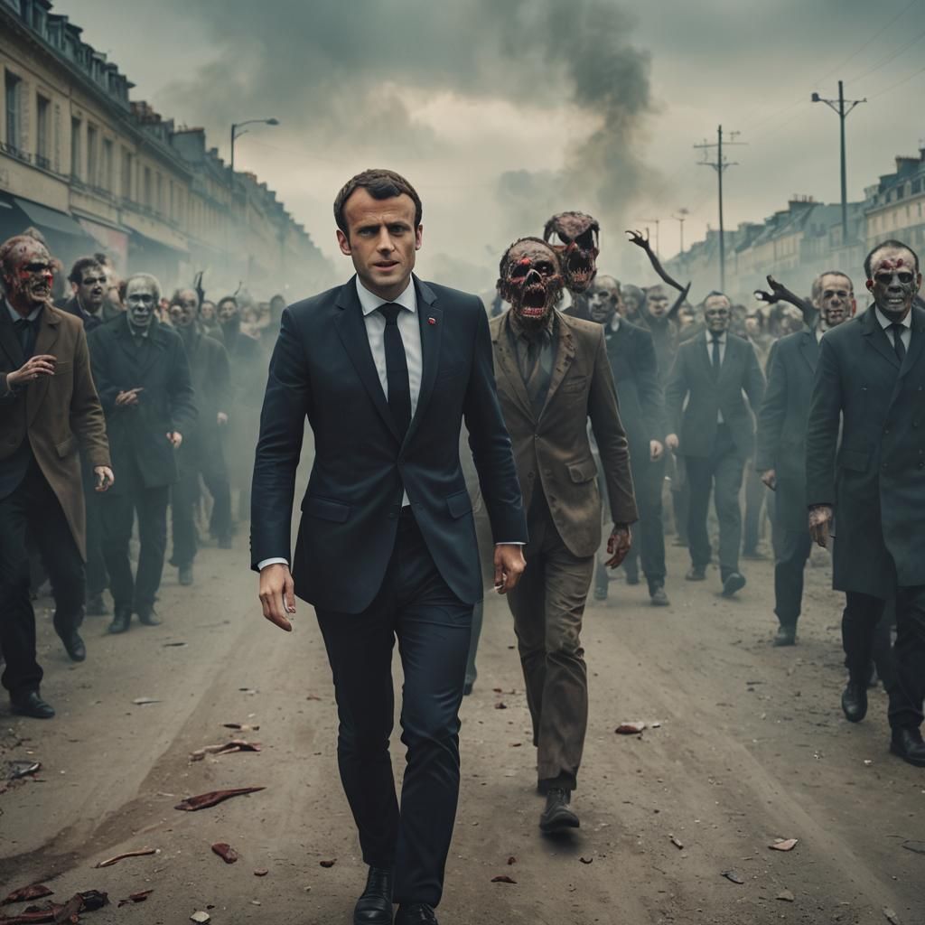 Cinematic Zombie Portrait: Emmanuel Macron Film Still