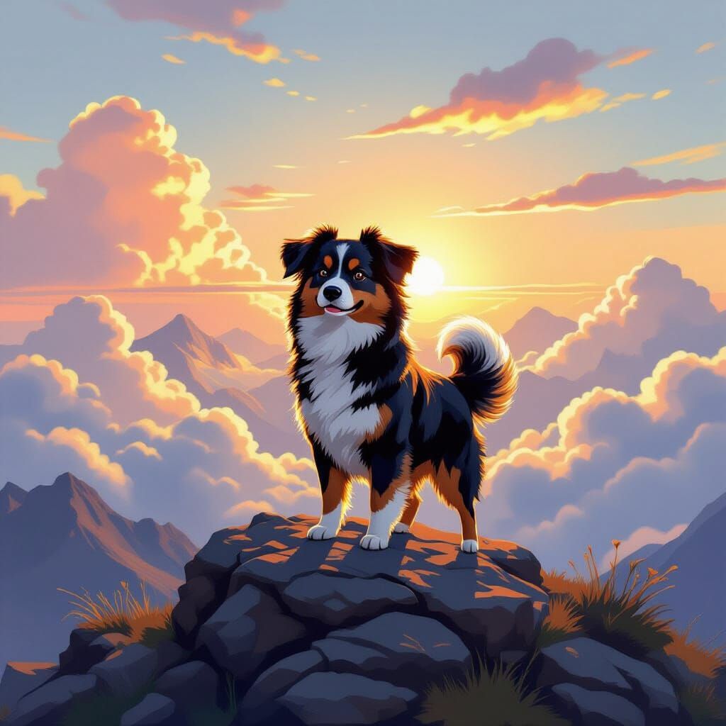 A majestic mini aussie on a mountain top during golden hour with beautiful billowy clouds and the sun barely showing