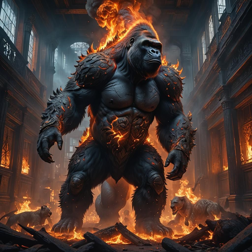 Hybrid Gorilla-Hyena Creature in Burning Building