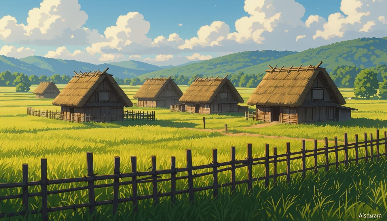 Serene Japanese Village on Grassland, Matte Painting