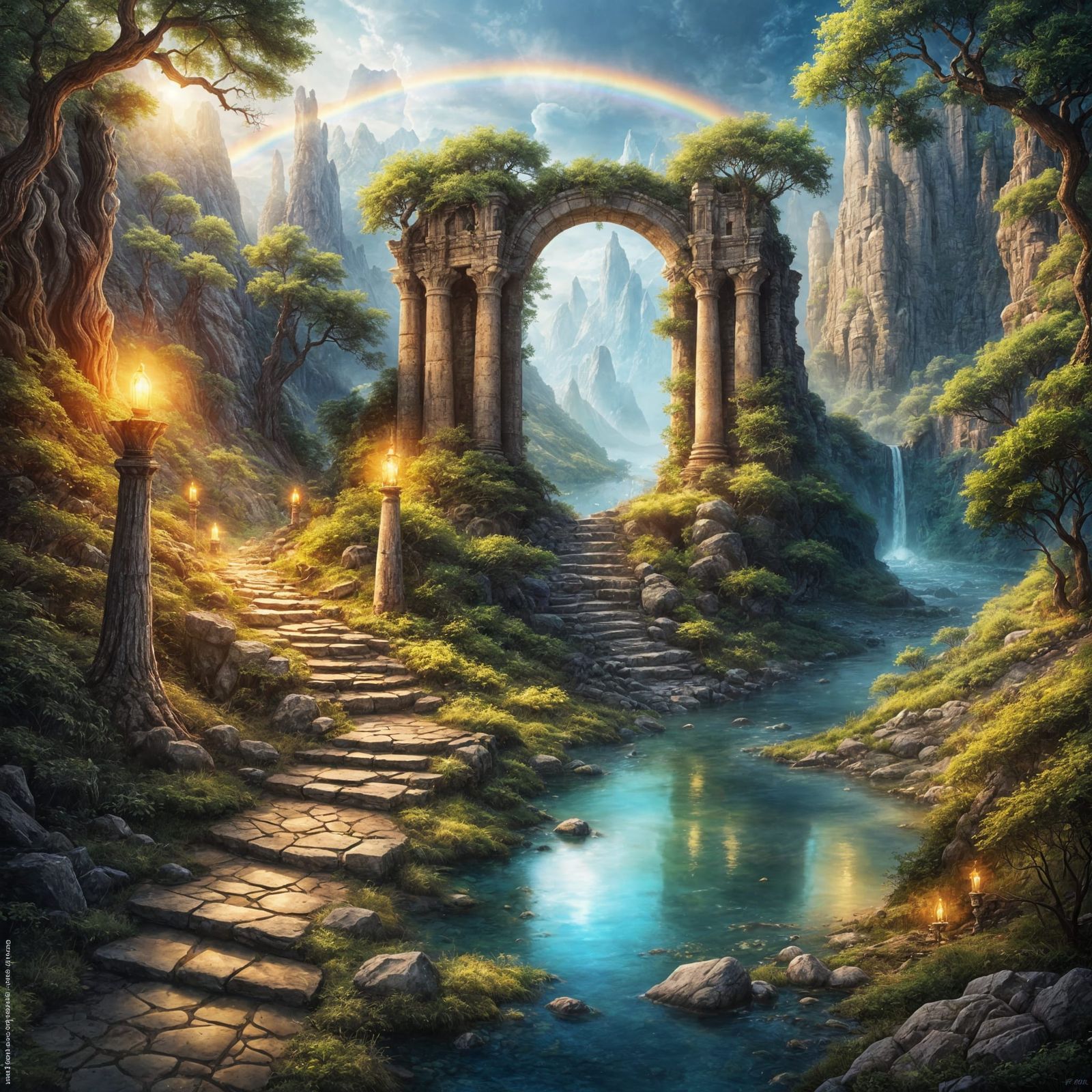 Mysterious Path Through Ancient Forest with Rainbow