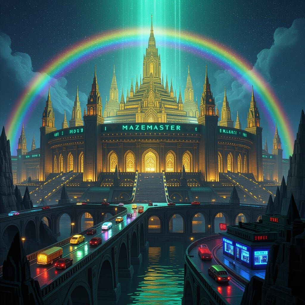 Futuristic Cityscape: Gothic Temples & Golden Towers