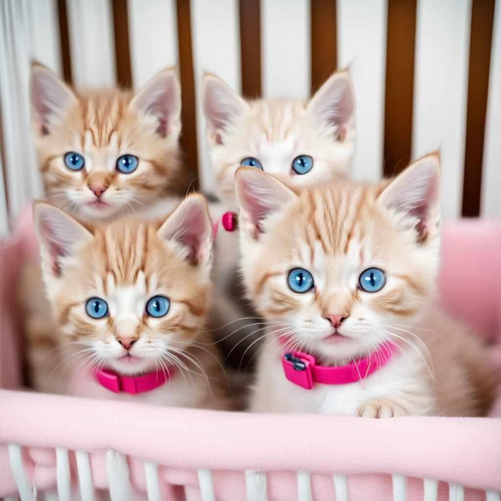 Pastel Kittens with Blue Eyes Playing in Crib