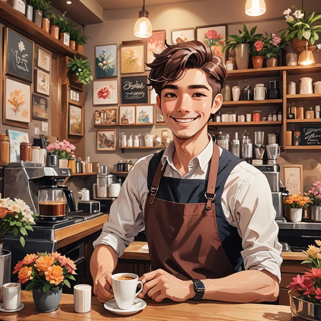 Modern Barista in a Vibrant Anime Cafe Scene