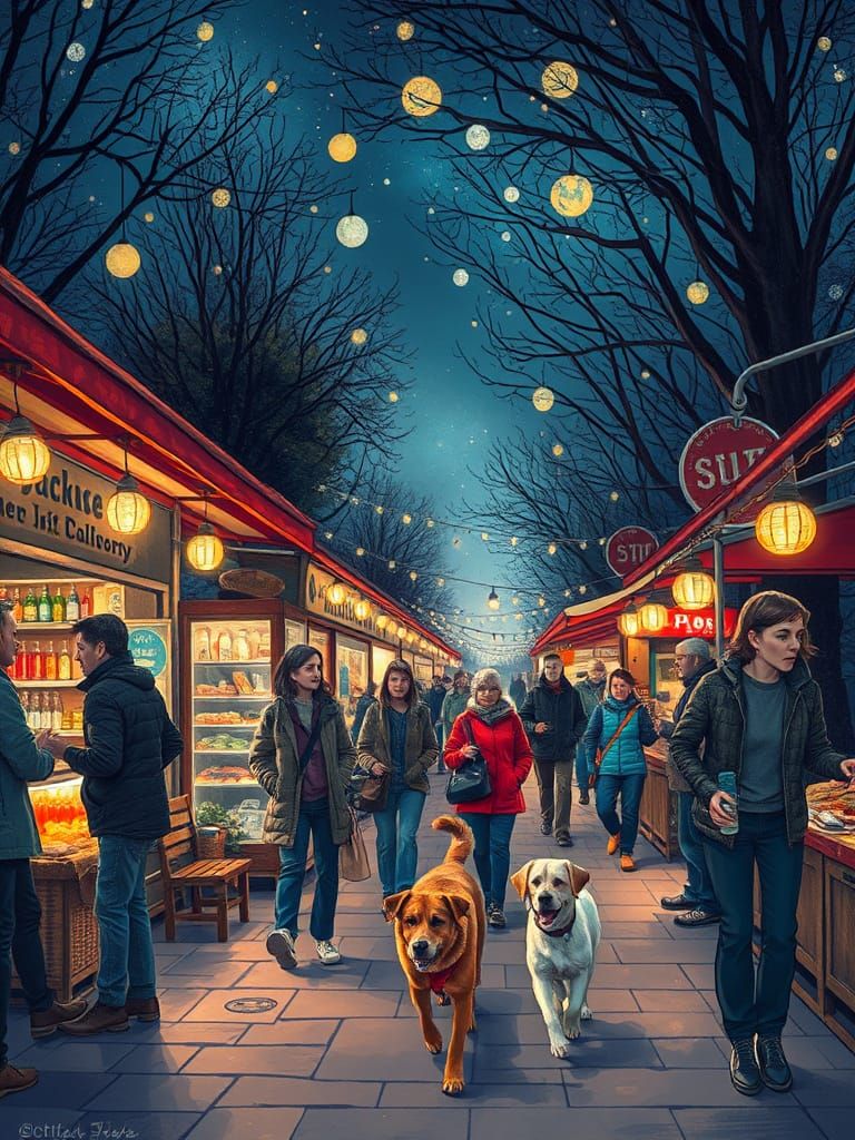 Vibrant Night Market Scene with Twinkling Lights