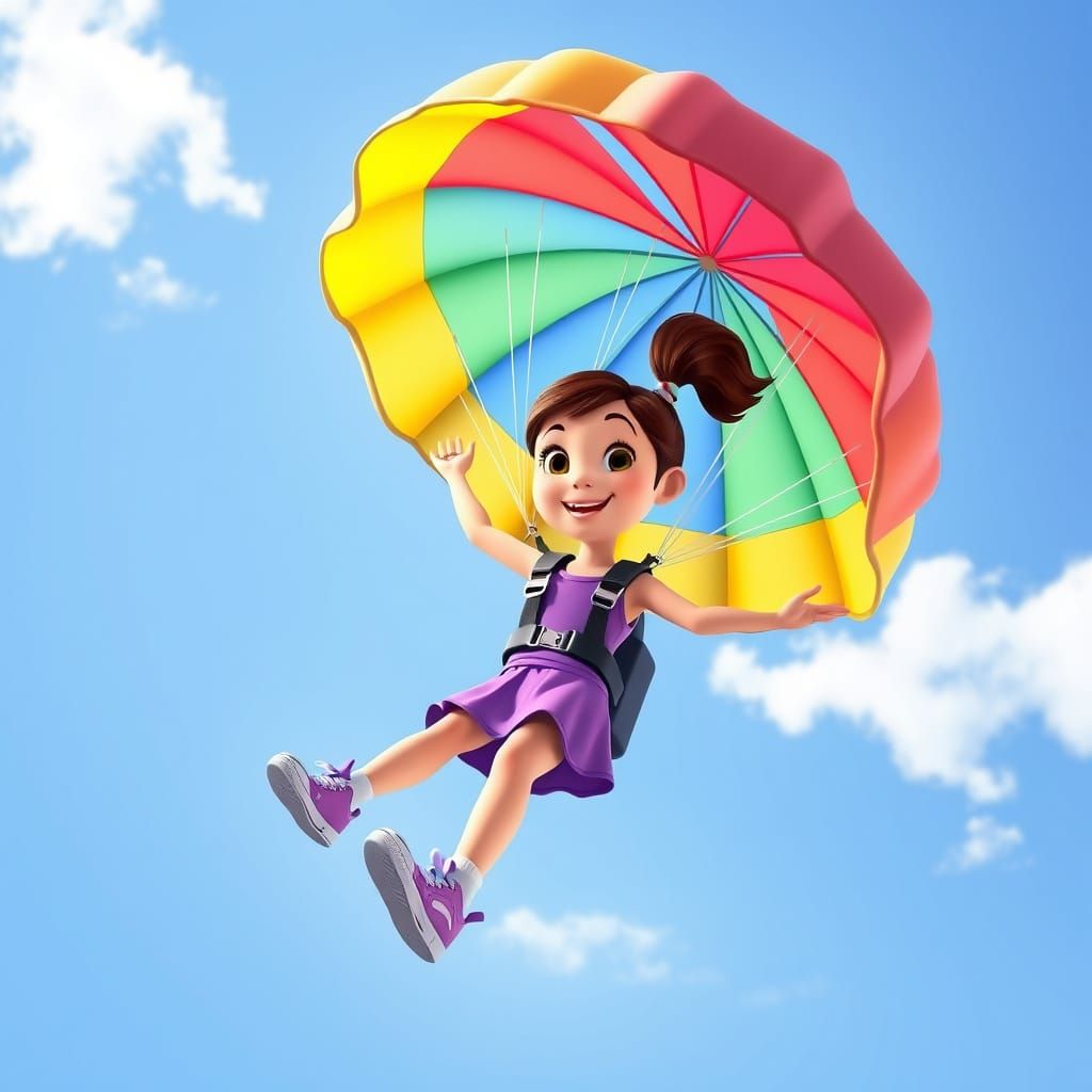 Girl Soars Through Sky with Colorful Parachute in 3D Cartoon
