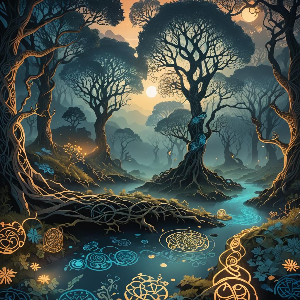 Mystical Celtic Forest with Glowing Runes in Fractal Landsca...
