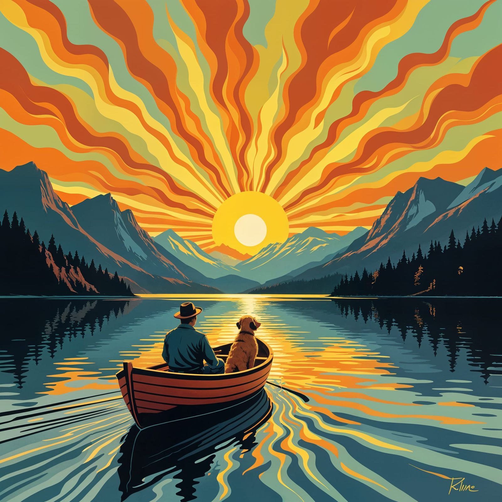 Alpine Lake Sunrise with Dog, Van Gogh Style