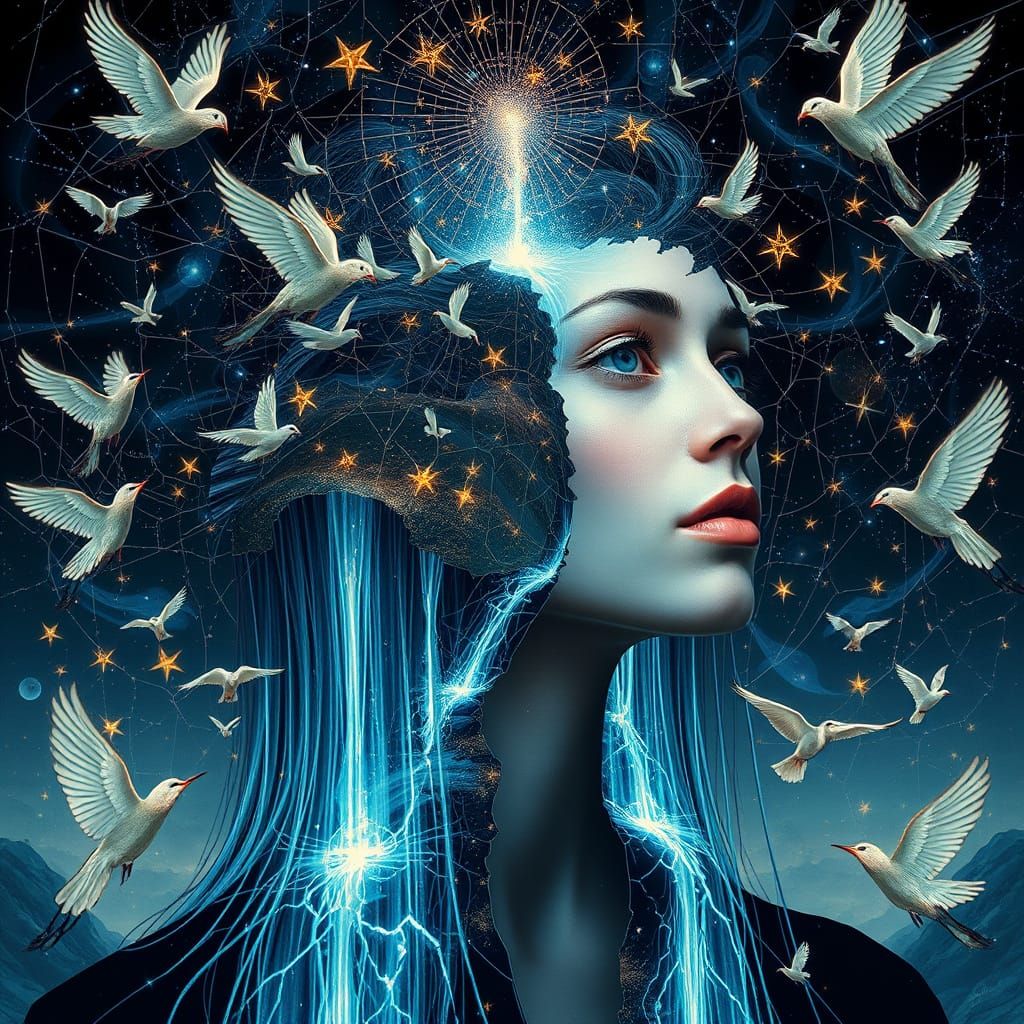 Surreal Portrait with Hair as a Serene Waterfall and Celesti...