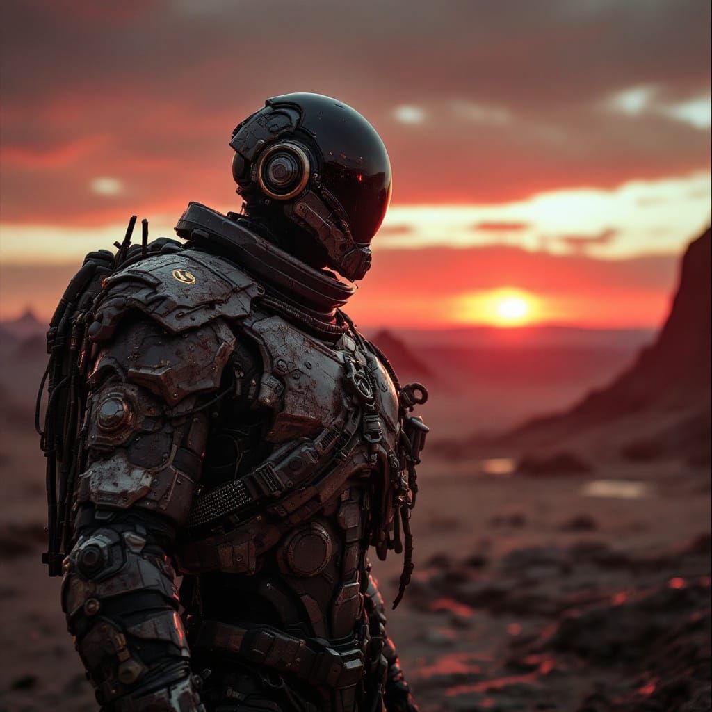 Weathered Futuristic Warrior at Crimson Sunset