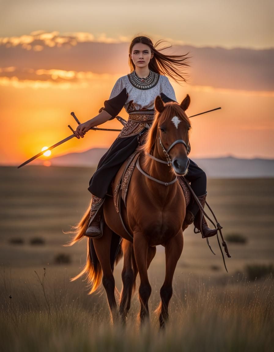 Sarmatian Woman on Horseback in Steppe at Sunset