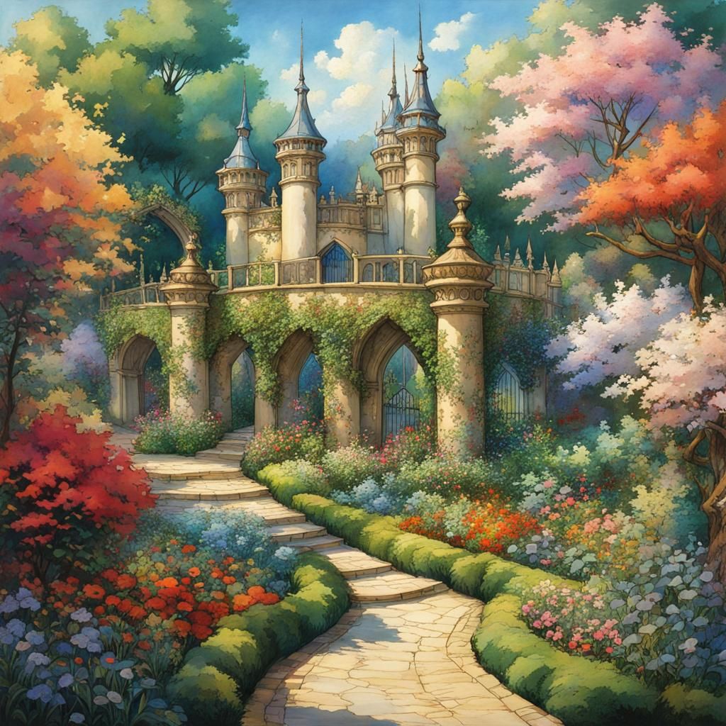 Enchanting Garden with Colorful Walls in Anime Style