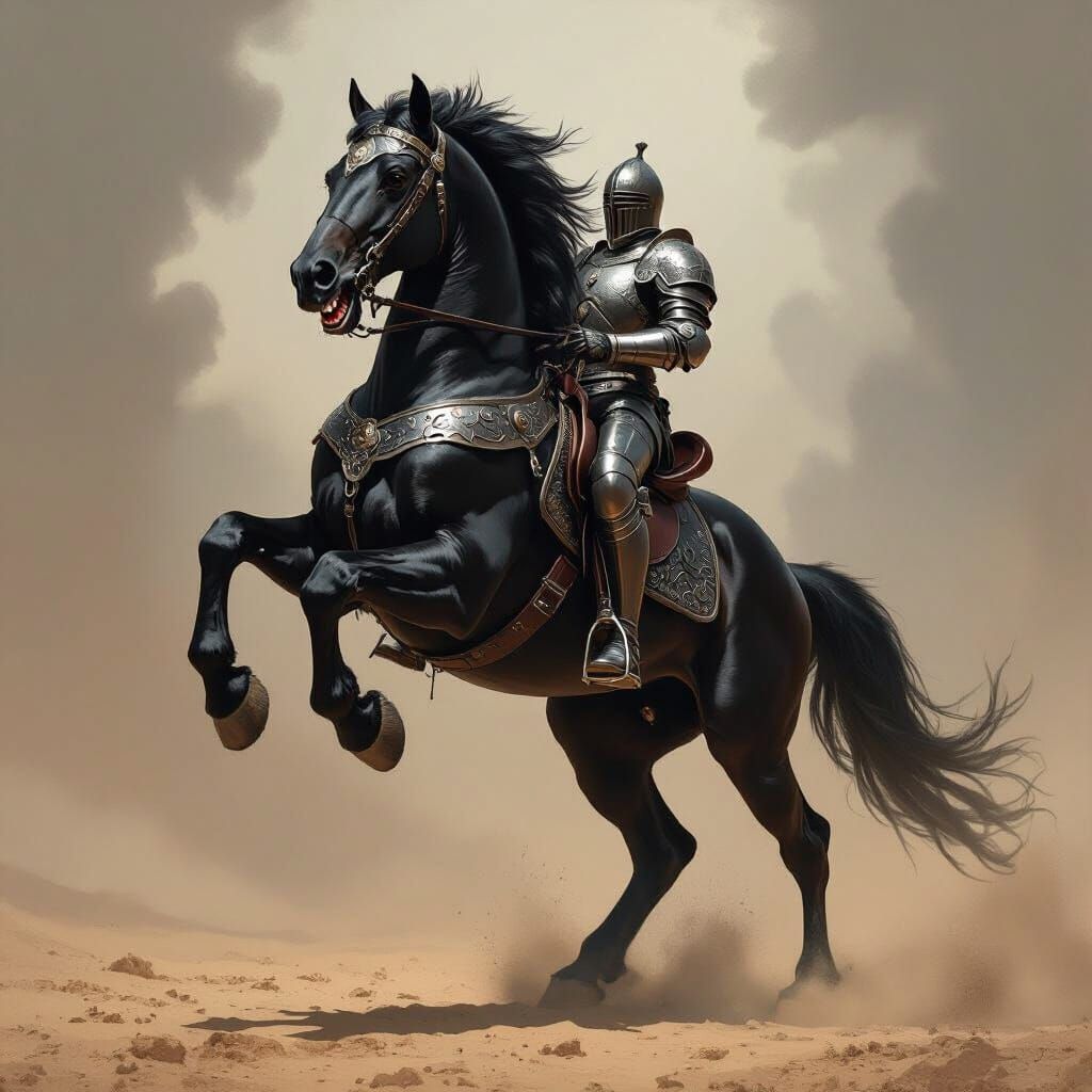 Armored Warhorse Rearing Up in Heroic Fantasy Style