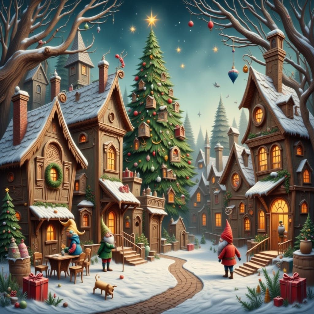 Gnomes Decorate Gingerbread Village with Twinkling Christmas...