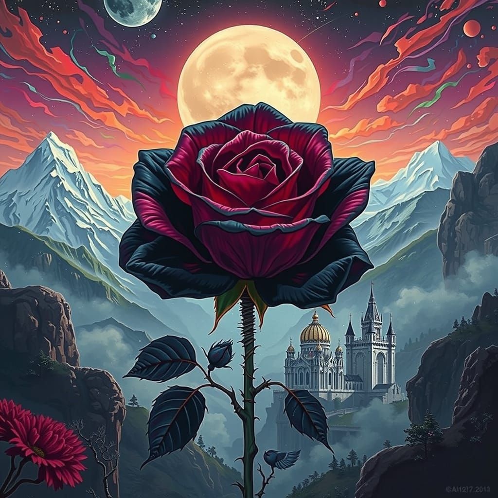 Gothic Rose with Mountains in Vibrant Surreal Style