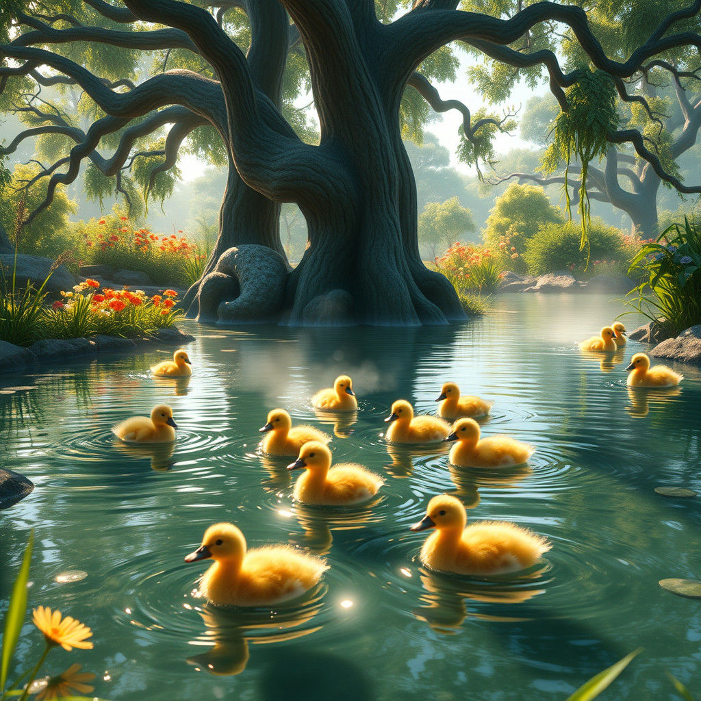 Ducklings in Pond: A Matte Painting Concept Art