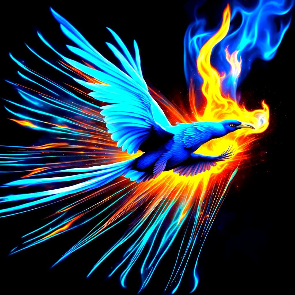 Blue Phoenix Ascending from Cosmic Fire Vortex