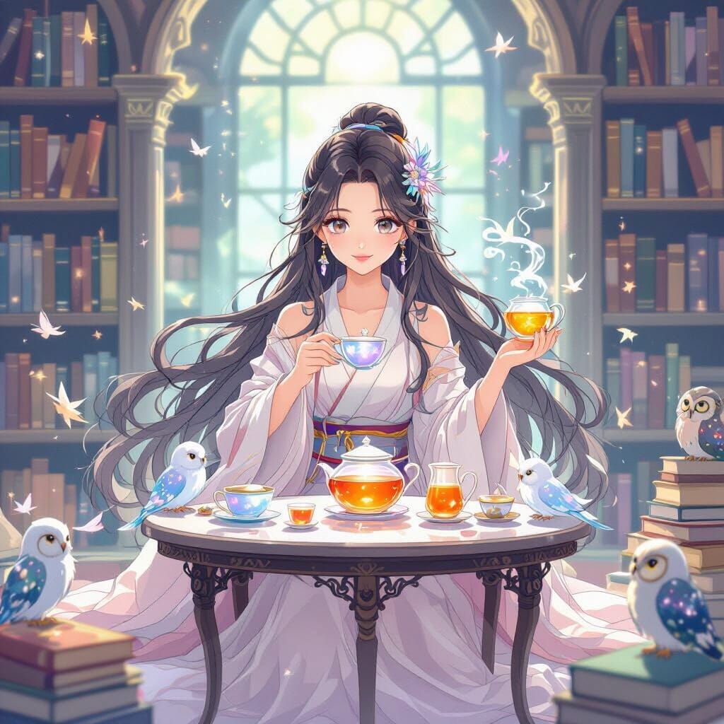 Goddess Serves Tea to Crystal Birds in Dream Library