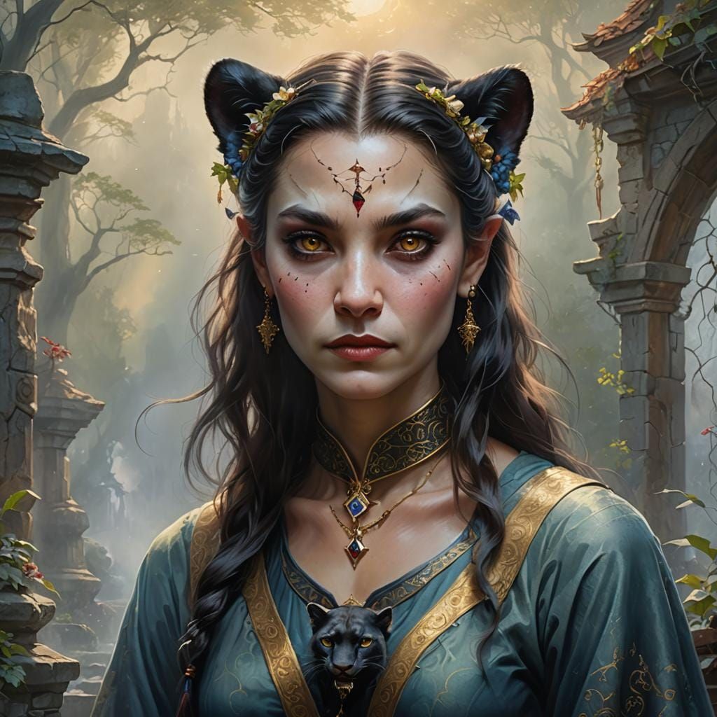Ethereal Portrait: Panther-Vampire Priestess in Fantasy Styl...