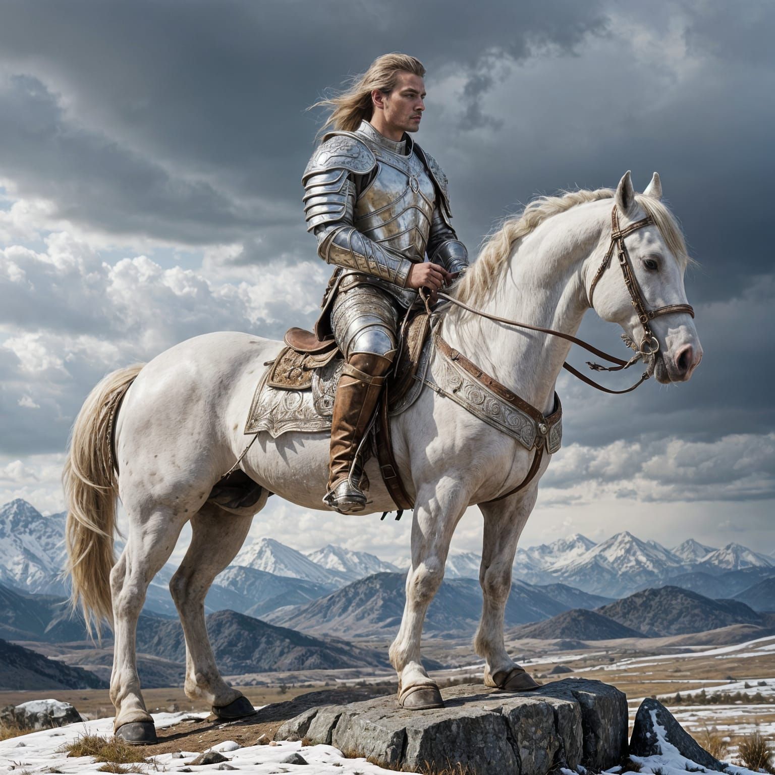 Heroic Knight on White Stallion in Open Plain