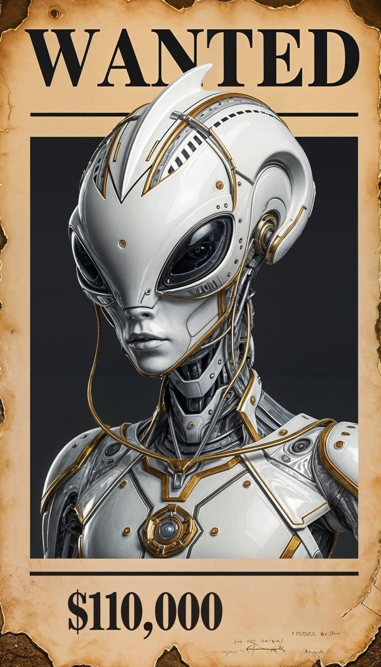 Intergalactic Alien Cyborg Wanted Poster in Surreal Style