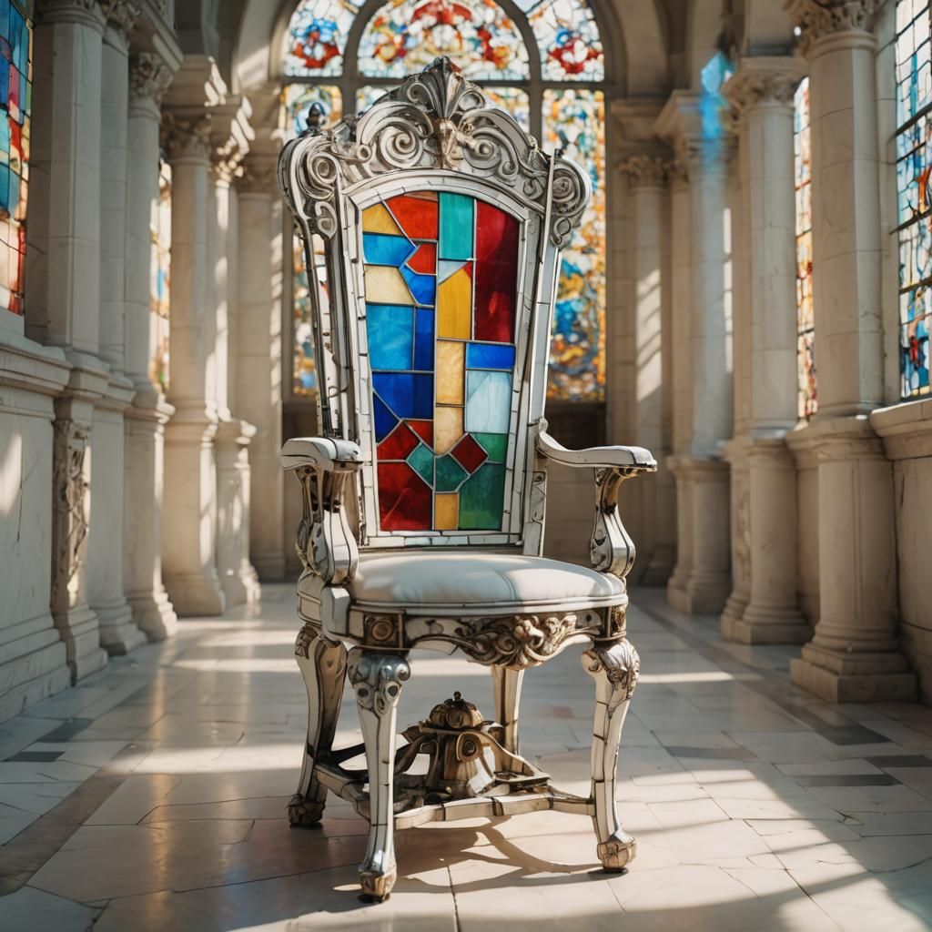 Stained Glass Mechanical Chair Among Stone Columns