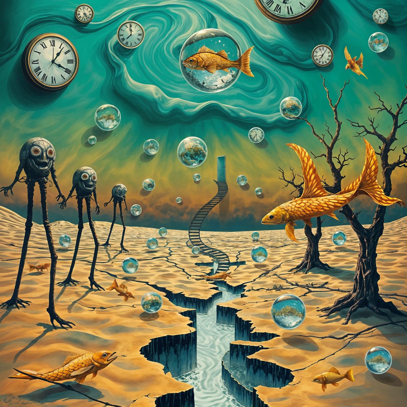 Surreal Desert Landscape with Melting Clocks and Giant Creat...
