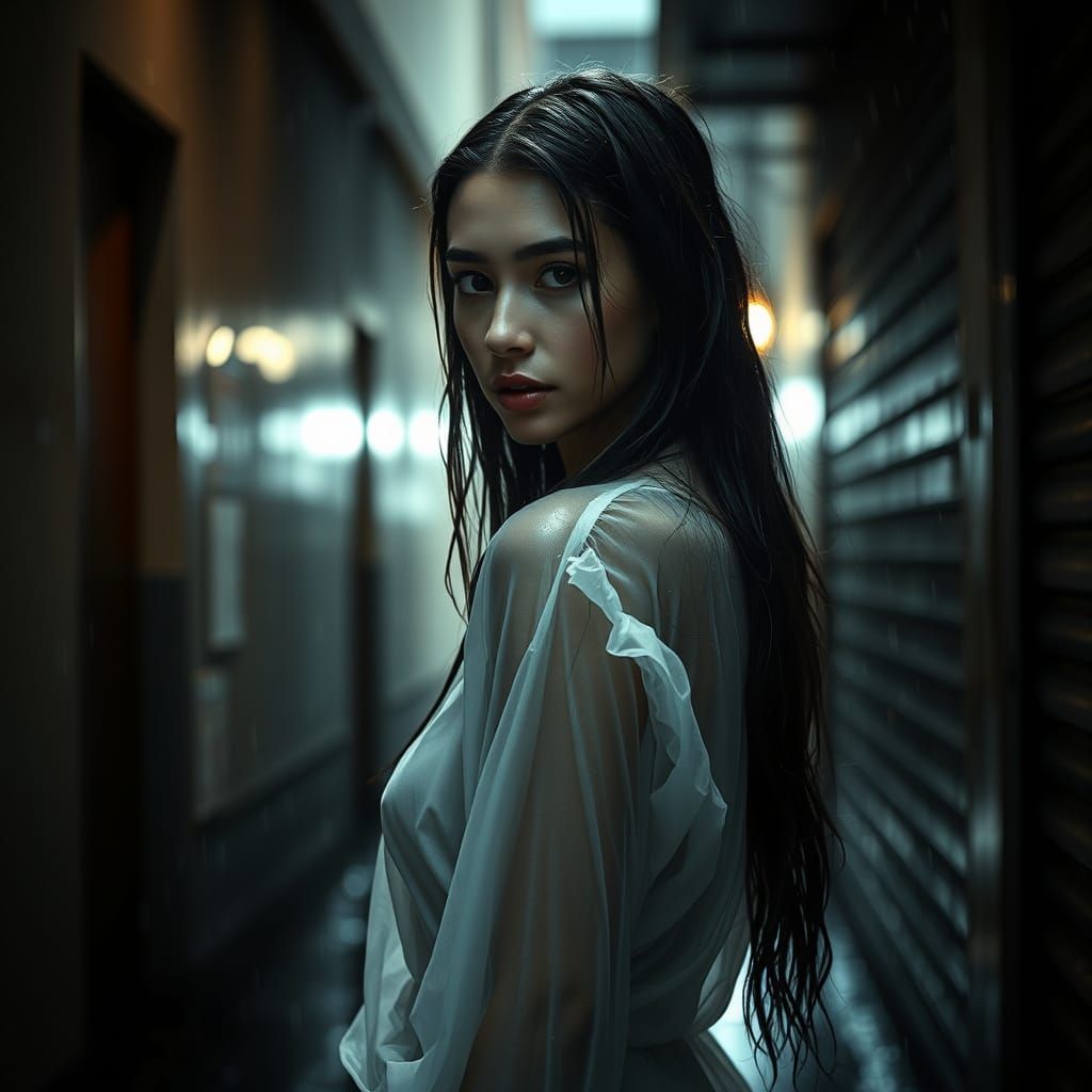 Rain-Soaked Woman in Alleyway: Cubist Photography