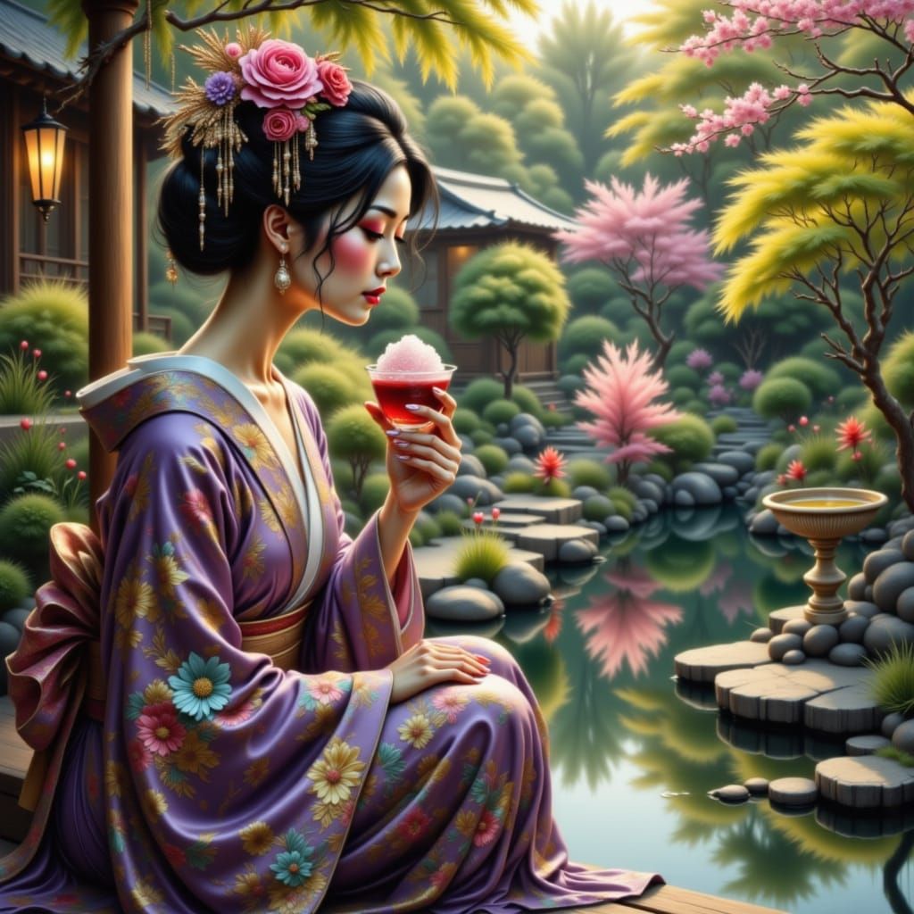 Geisha Enjoys Cherry Shaved Ice in 1930s Zen Garden