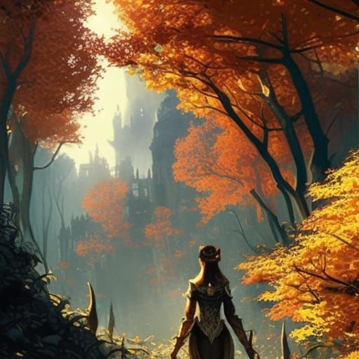 Gothic Elf City in Autumnal Forest, Fantasy Art