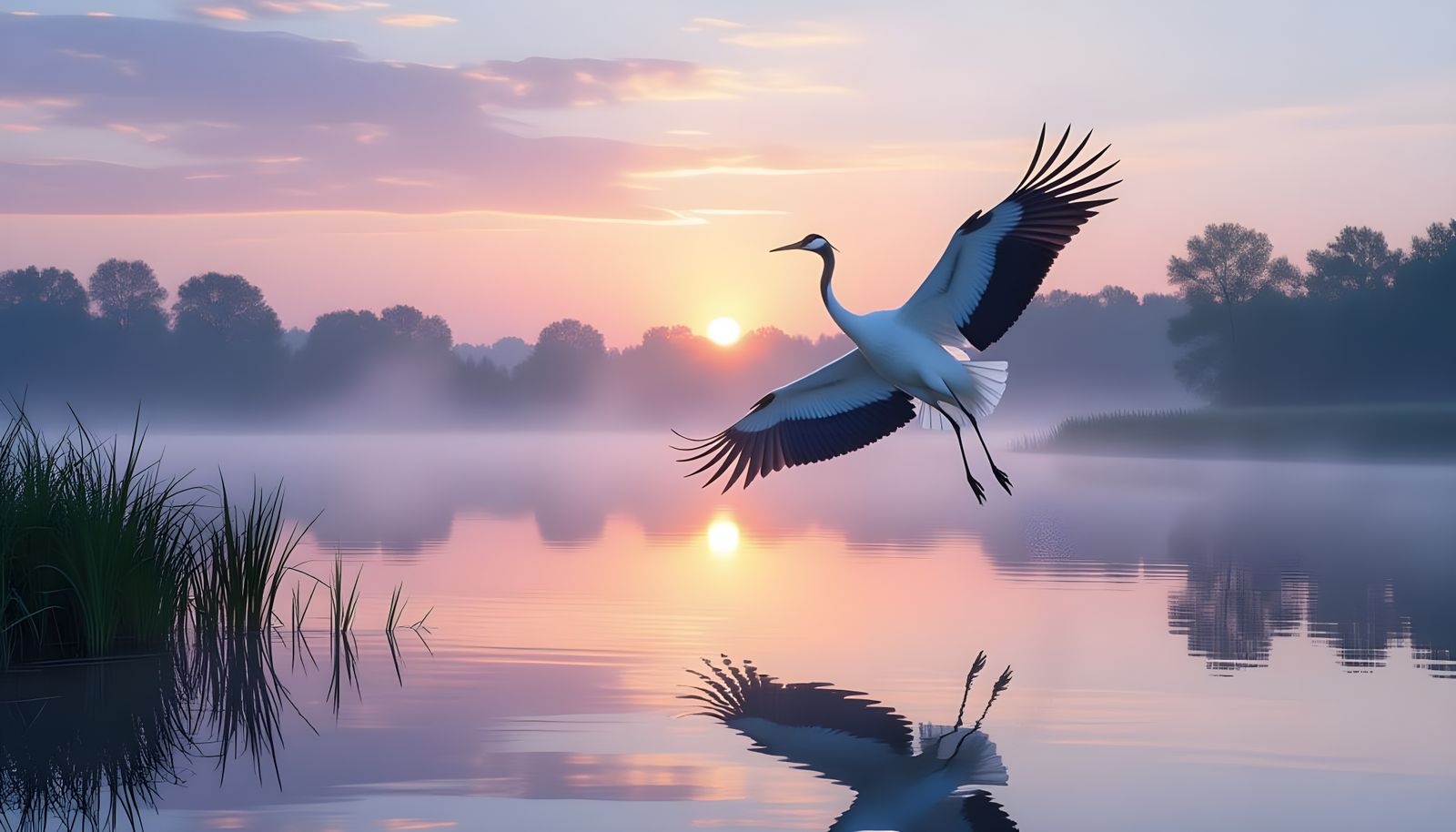 Majestic Crane in Flight Over Misty Sunrise Lake