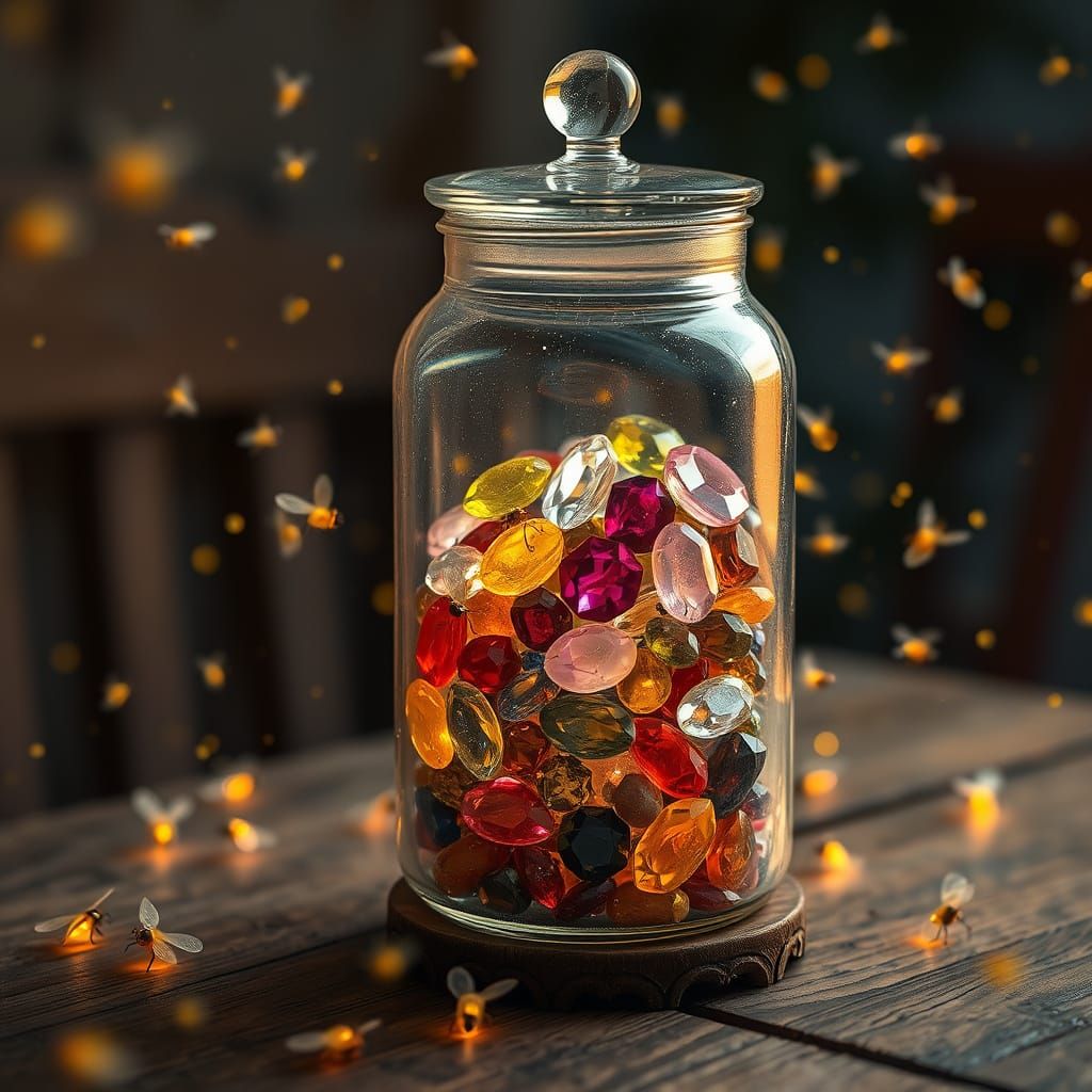 Whimsical Gems in a Glass Jar Amidst a Summer Night's Firefl...