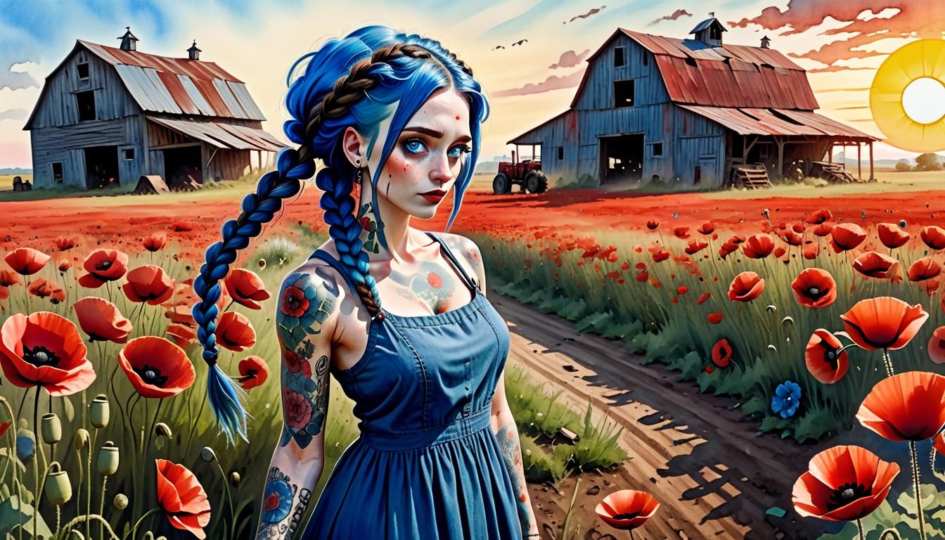 Watercolor Painting of Poppy Field with Sci-Fi Elements