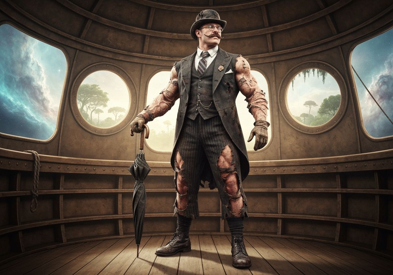 Steampunk Explorer on Airship Amidst Nebula