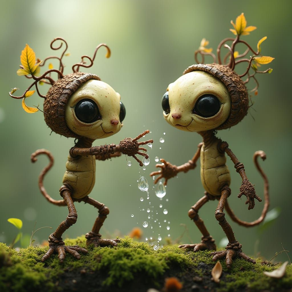 Alien Acorn People Engage in Whimsical Water Fight in Nature