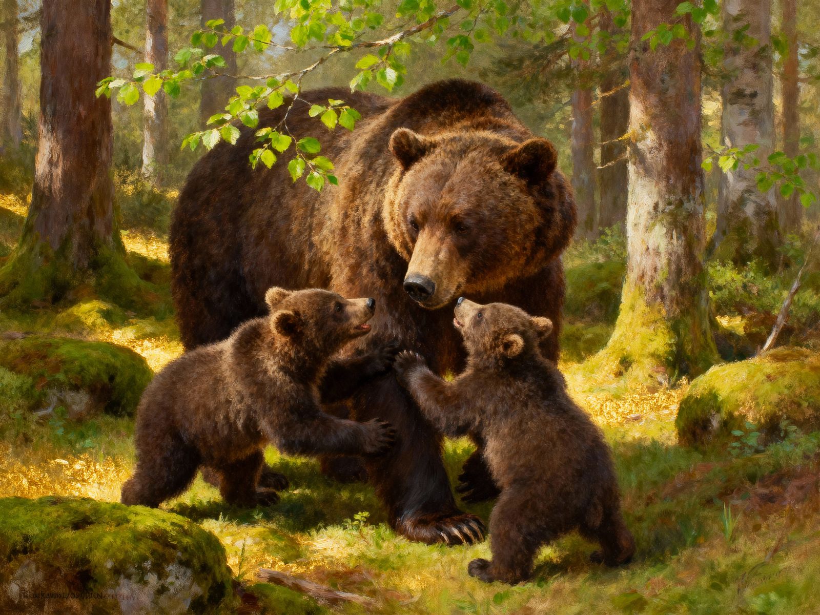 Mother Bear and Cubs in Spring Forest Oil Painting