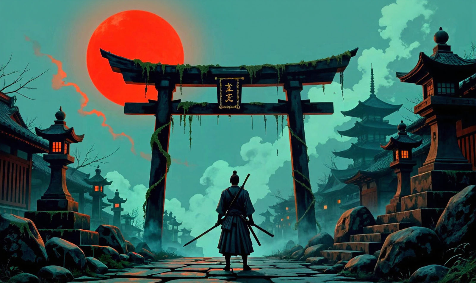 Samurai Before Giant Pencil Tori Gate in Moody Impasto Style