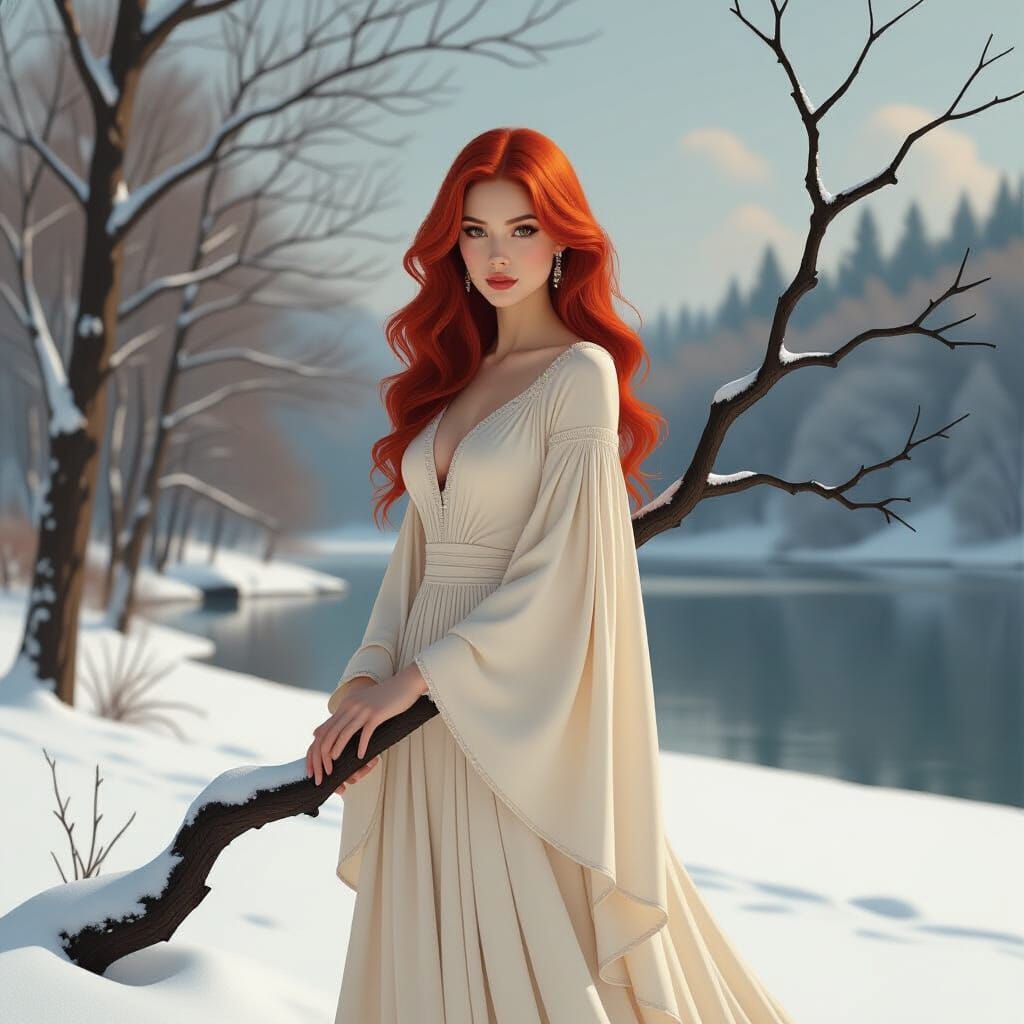 Ethereal Woman with Red Hair in Winter Landscape