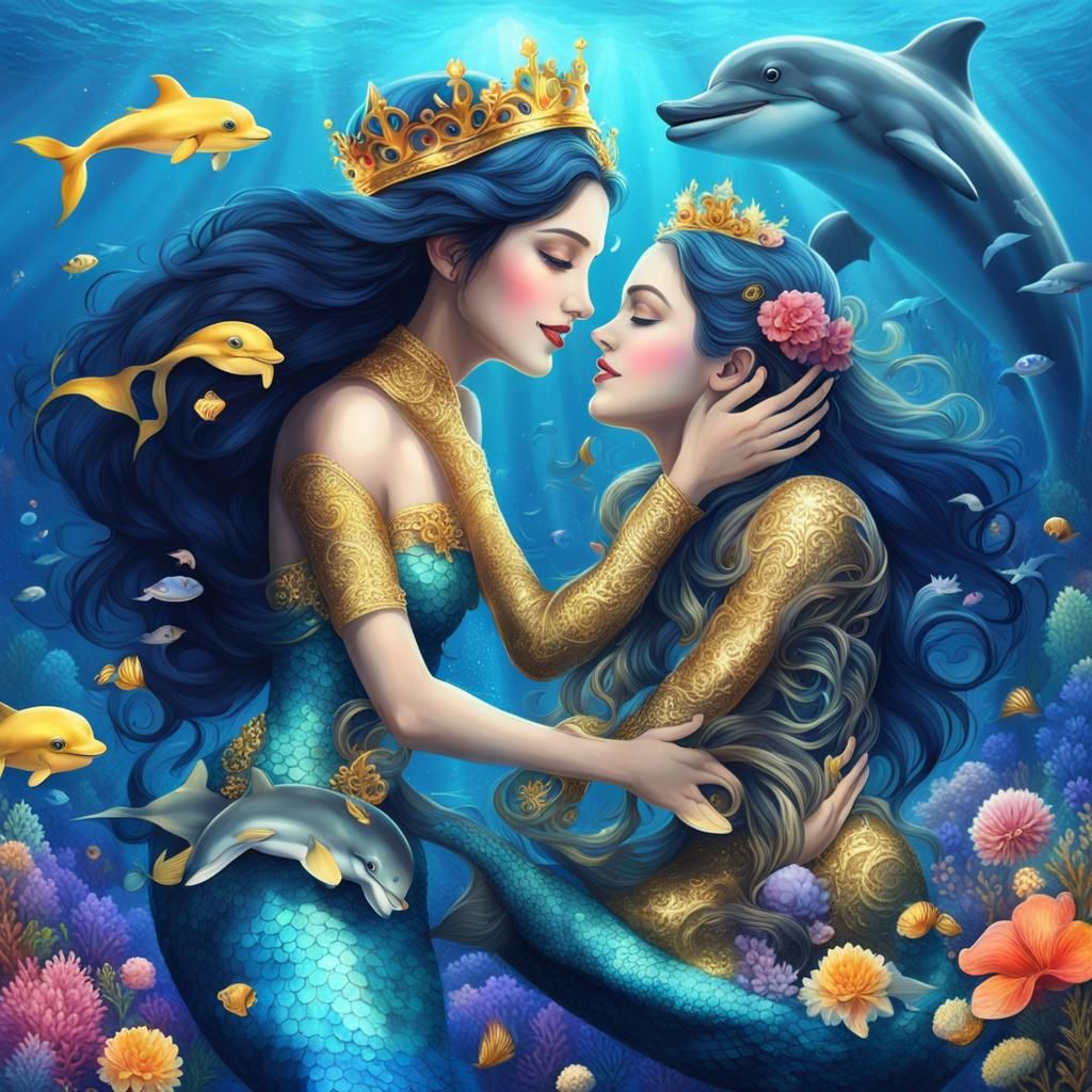 Mermaid's Underwater Dance with Dolphins in Galaxy Light