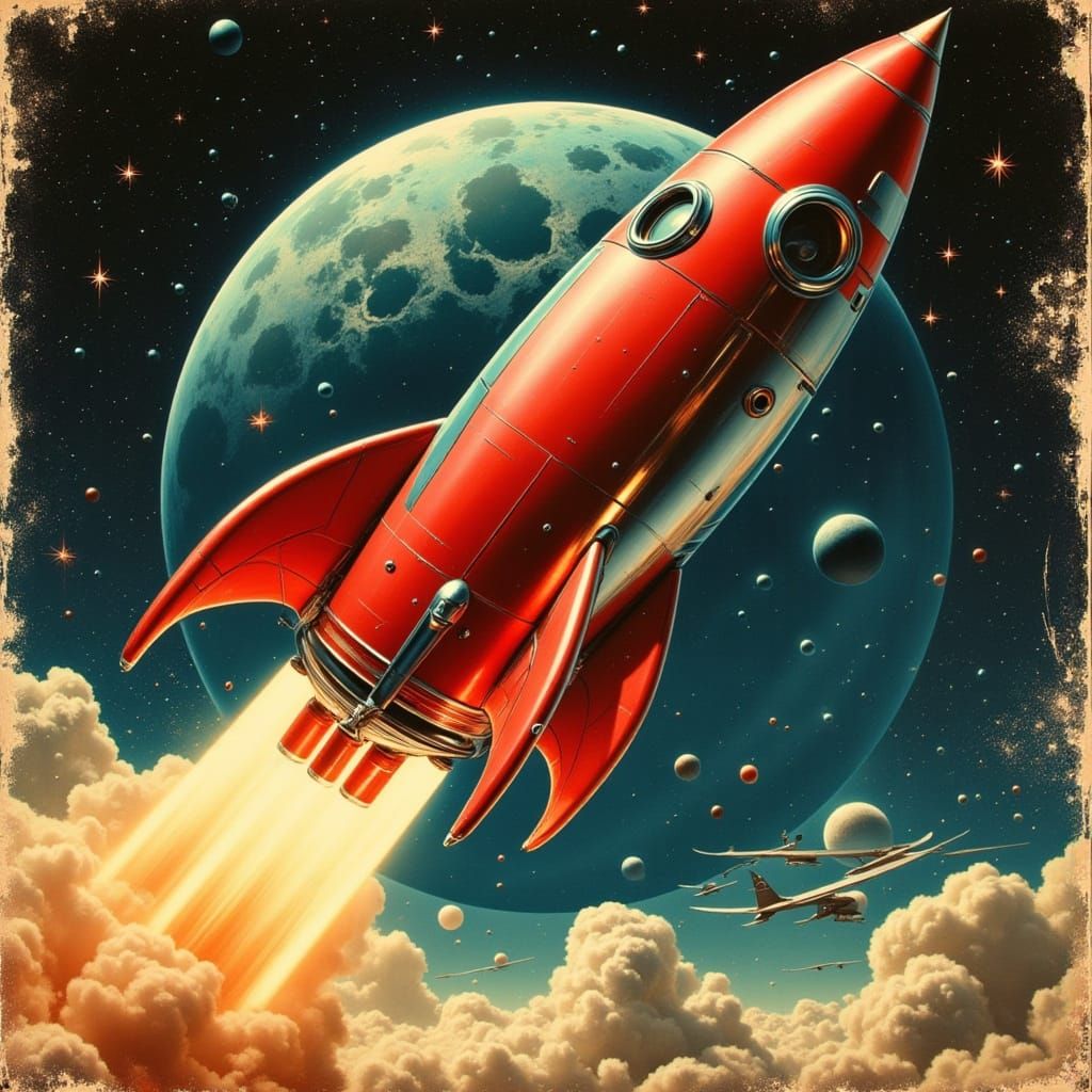 Retro Rocket Launch in 1950s Sci-Fi Style