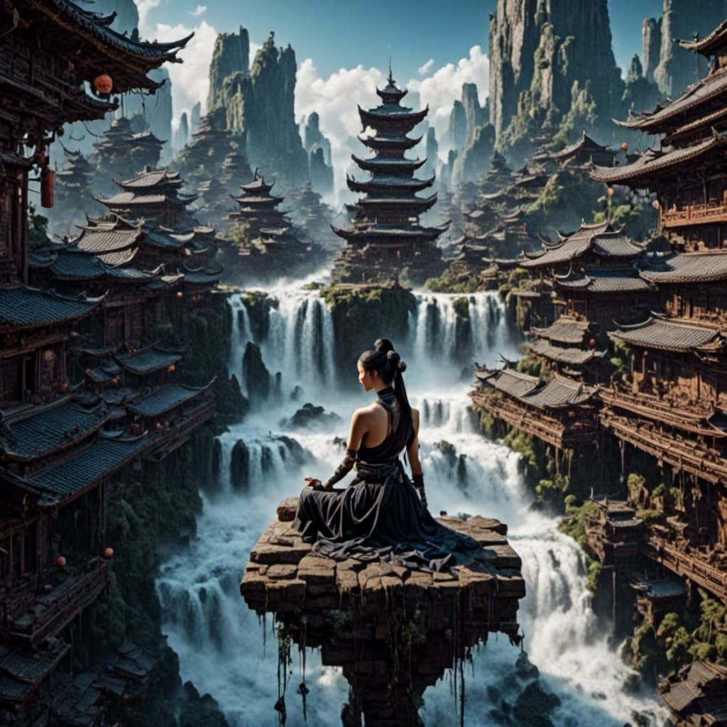 Female Ninja on Rooftop with Waterfall