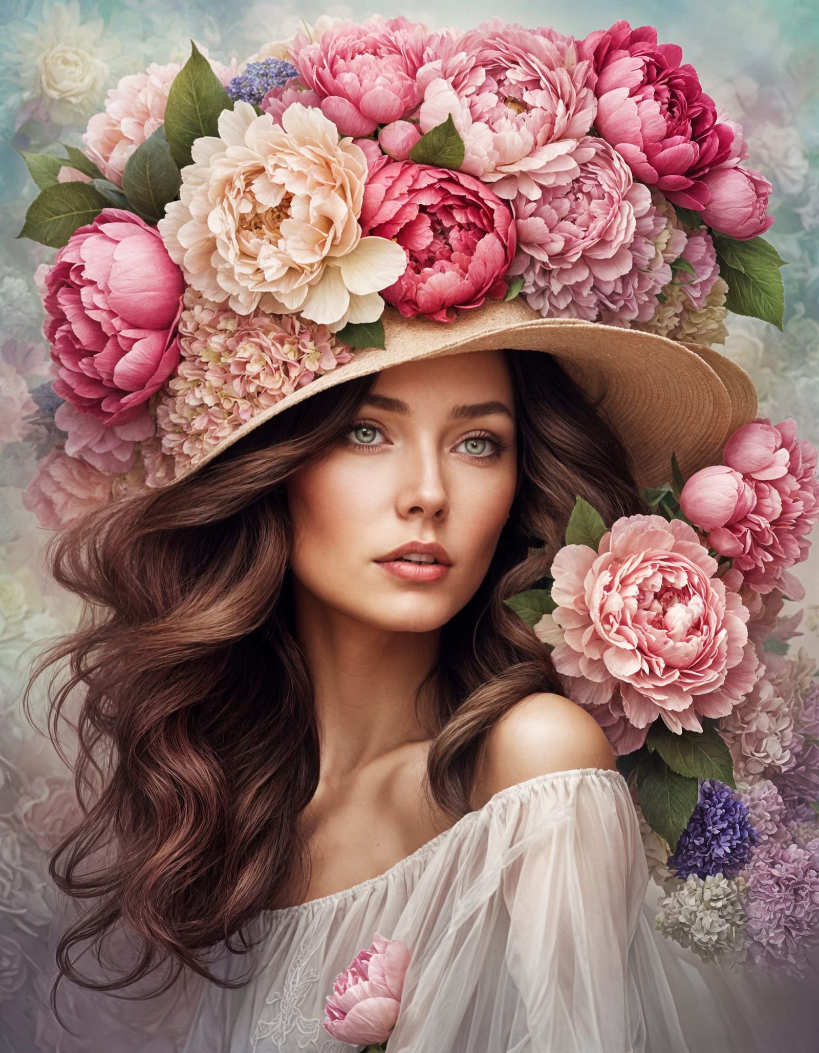 Woman's Floral Hat of Peonies, Roses, Hydrangeas