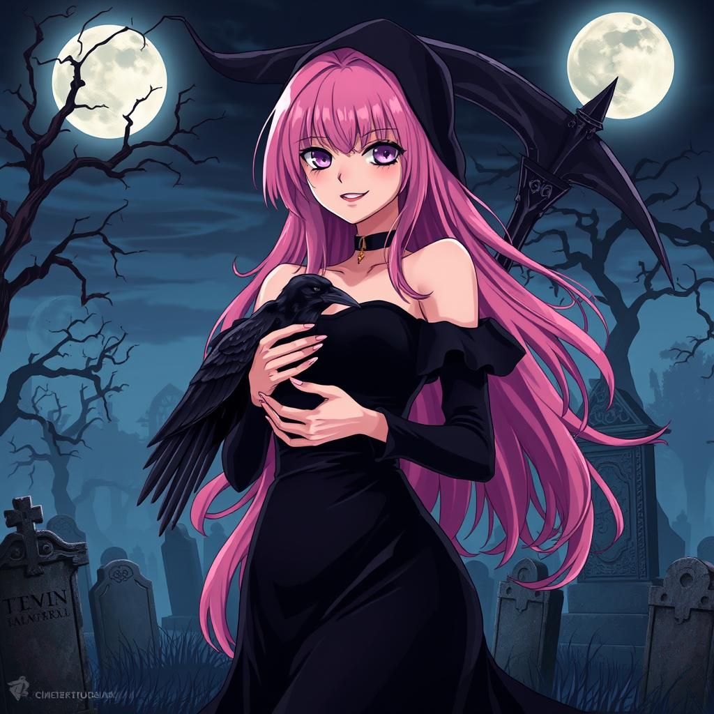 Anime Reaper with Raven in Cemetery Illustration
